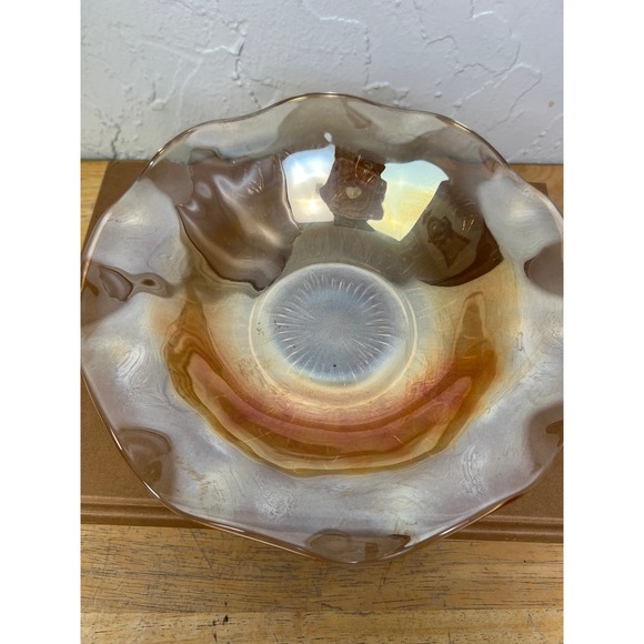 Vintage Marigold Depression Glass Iris & Herringbone Jeannette Ruffled Bowl - Picture 5 of 10